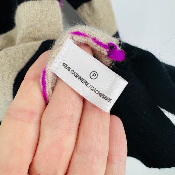 Lord & Taylor Cashmere Sweater L Black Tan Striped VNeck Purple Cuff Elbow Patch - Picture 5 of 7